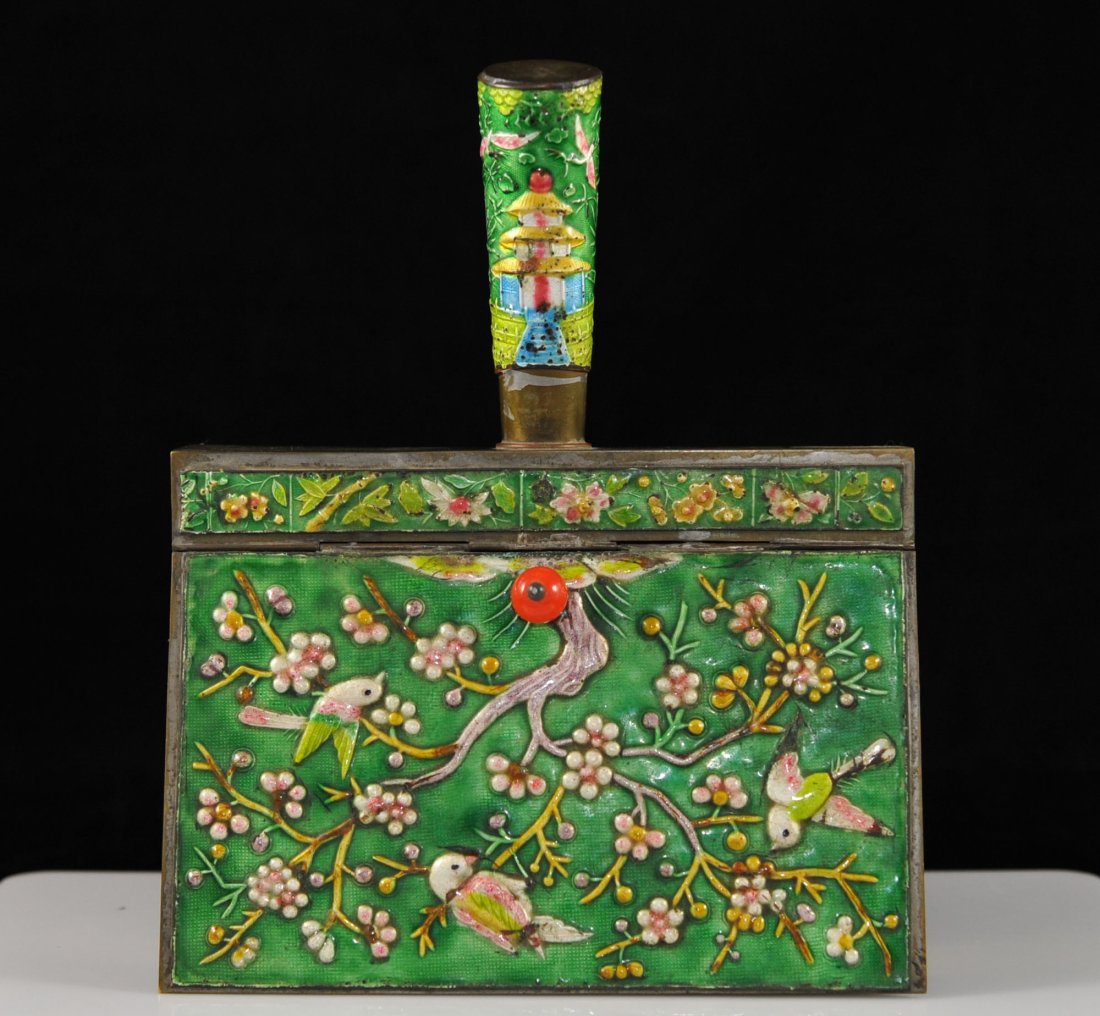 Antique Chinese brass and enamel box with handle: DESCRIPTION: Antique Chinese brass box with enamel design. Flat brass box with elaborate enamel bird and floral motif. Rich green base color with multi colored flowers and birds on the lid. The handle