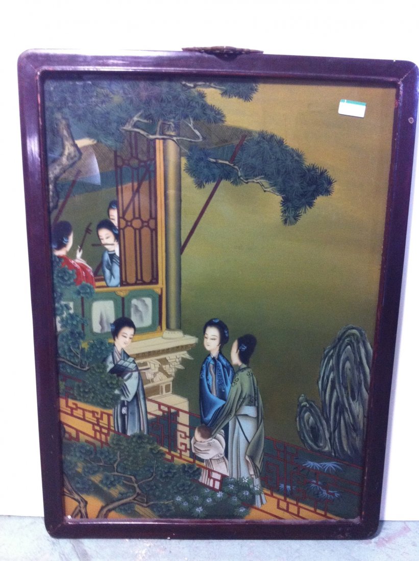Antique Chinese reverse painting in frame: DESCRIPTION: Antique Chinese reverse painting on glass. Depiction of three Geishas in a courtyard with a young boy who is sulking. Three figures can be seen through an open window playing instruments.