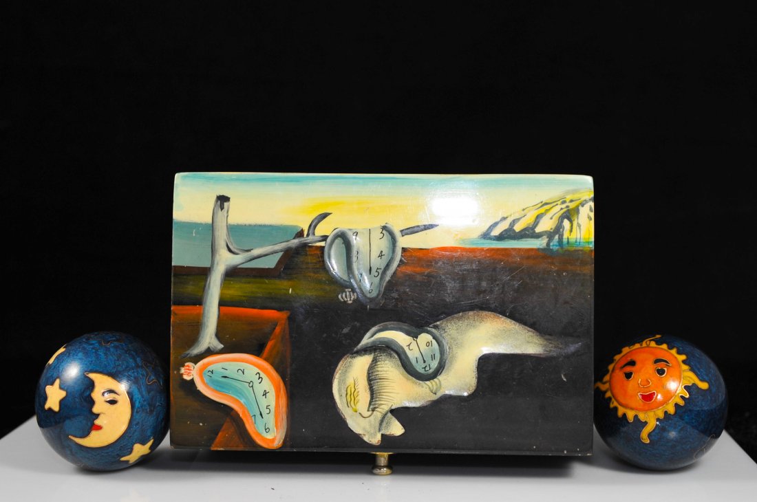 Salvador Dali inspired box with cloisonne baoding : DESCRIPTION: Hand painted Salvador Dali inspired box with a pair of baoding balls. Box is lacquered wood with a hand painted depiction of Dali's "The persistence of memory" painting. The interior is l