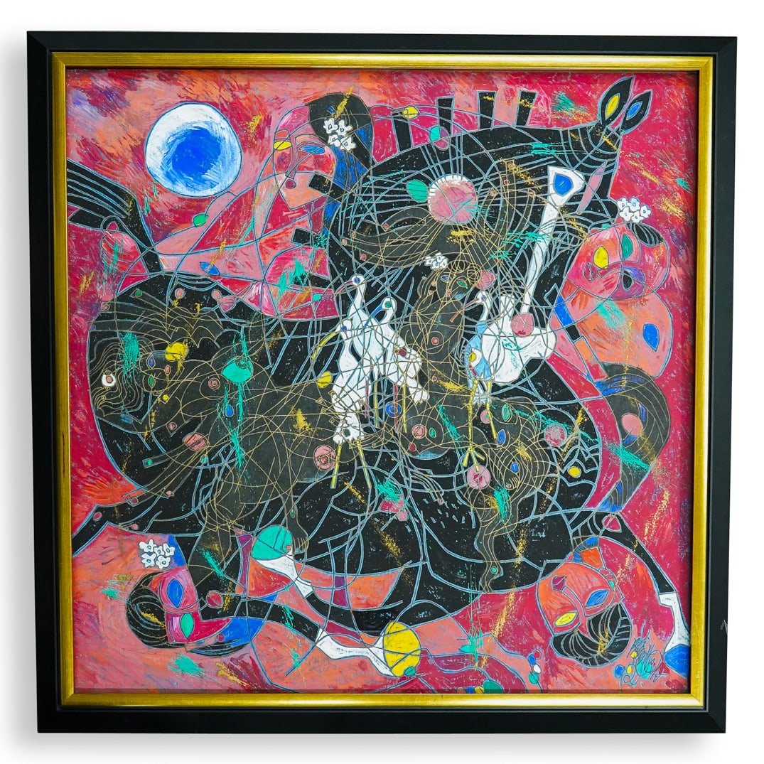 Jiang Tie-Feng (Chinese, B. 1938) Mixed Media On Paper: DESCRIPTION: Mixed media on paper artwork by Jiang Tie-Feng (Chinese, b. 1938) depicting figures and a horse. Signed and dated at lower right. CIRCA: 1992 ORIGIN: - DIMENSIONS: (Sight) H: 40" W: 40" (