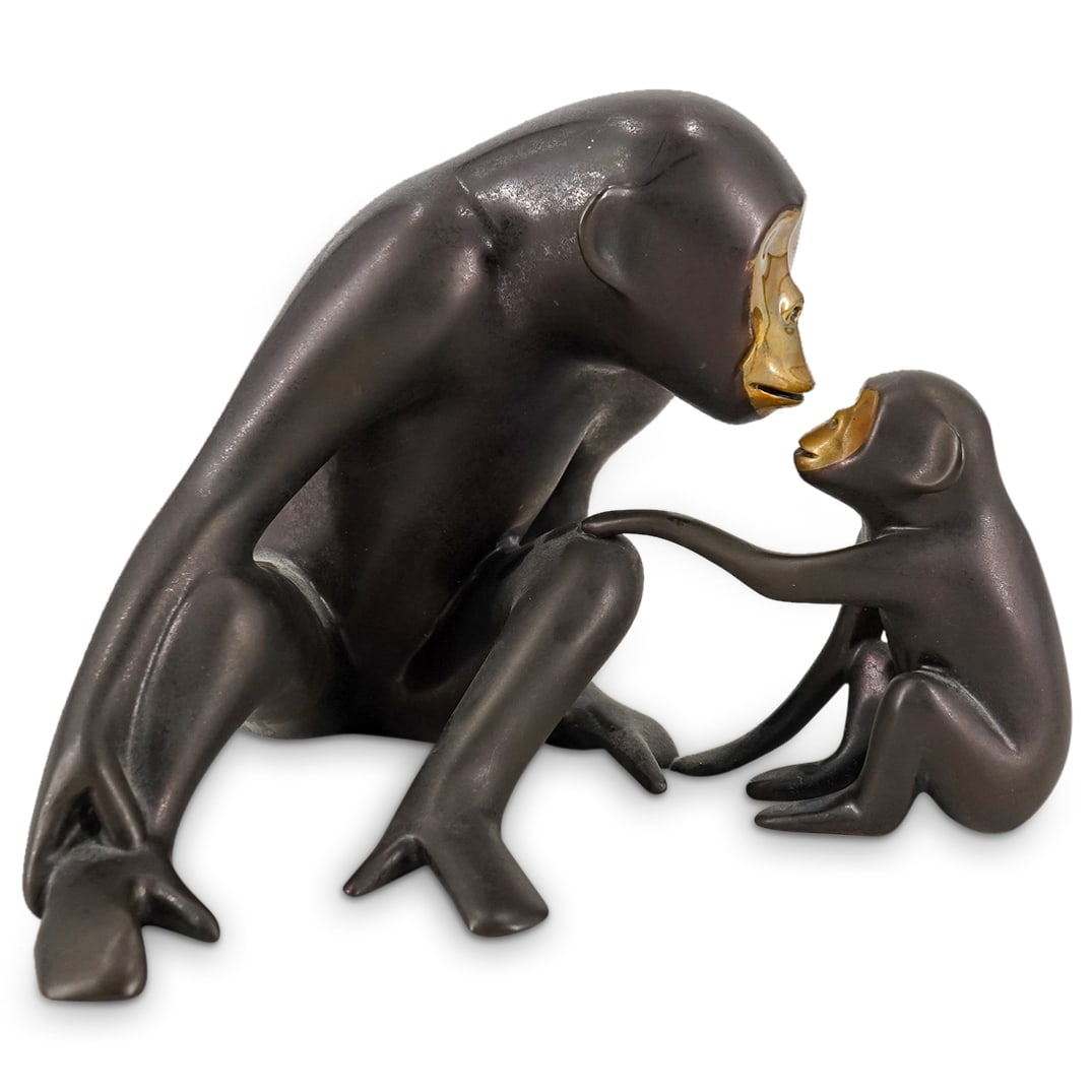 Loet Vanderveen (Dutch, 1921-2015) Bronze Monkeys: DESCRIPTION: Bronze figurine by Loet Vanderveen depicting a monkey seated with her child. Signed and numbered 118 of 750 on underside of adult monkey's right thigh. CIRCA: 20th to early 21st Century O
