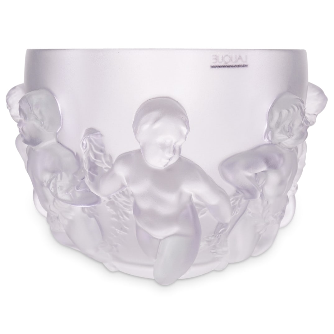Lalique Crystal "Luxembourg" Bowl: DESCRIPTION: Lalique frosted, colorless crystal "Luxembourg" bowl decorated with relief putti and foliage. Marked at bottom. Lalique label at interior. CIRCA: Late 20th - early 21st century ORIGIN: Fr