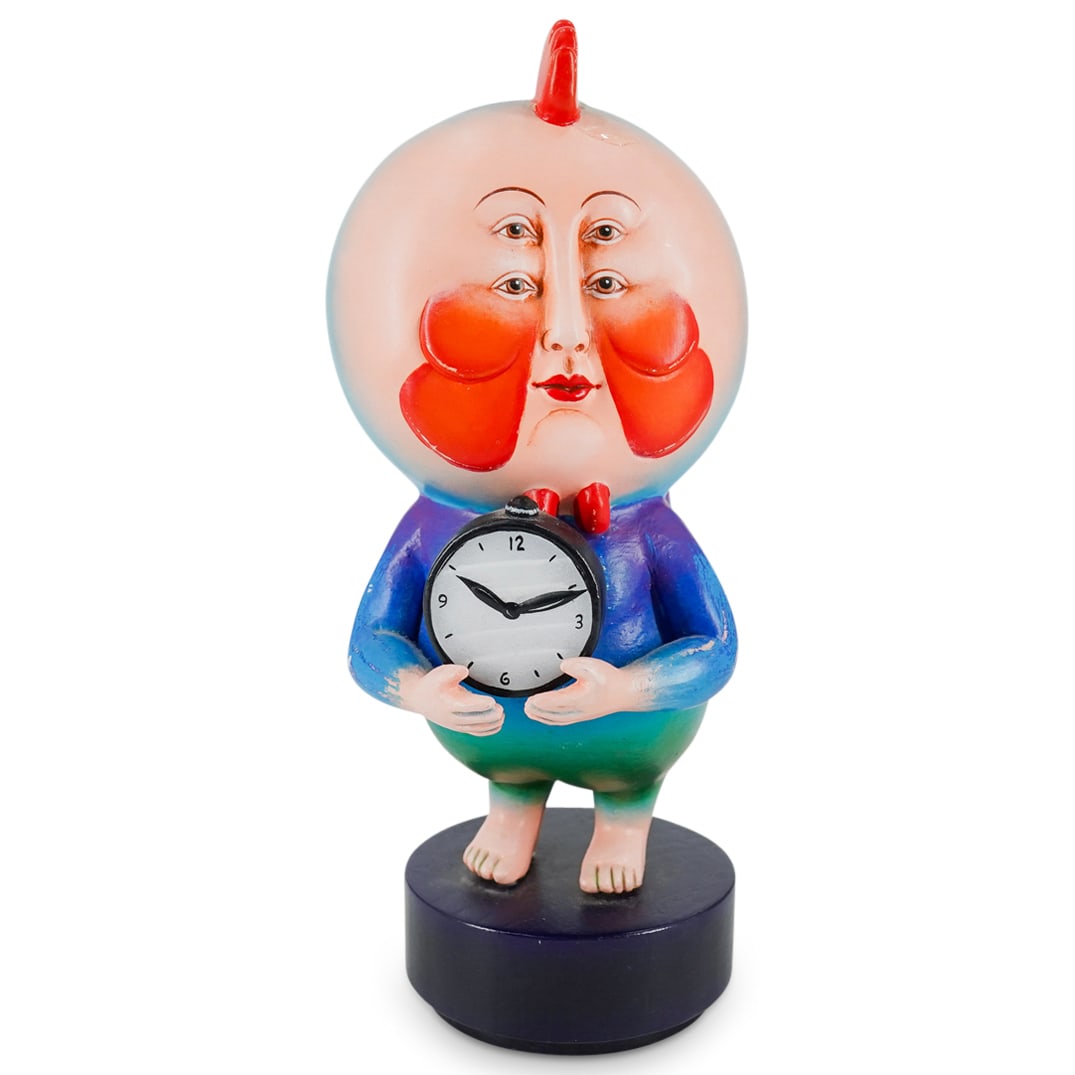 Sergio Bustamante (Mexican, B. 1949) Resin Rooster Man W/ Clock: DESCRIPTION: Resin figurine by Sergio Bustamante depicting an anthropomorphic rooster holding a clock in his hands and standing on a black and purple base. Signed on verso and numbered 40 of 100. CIRC