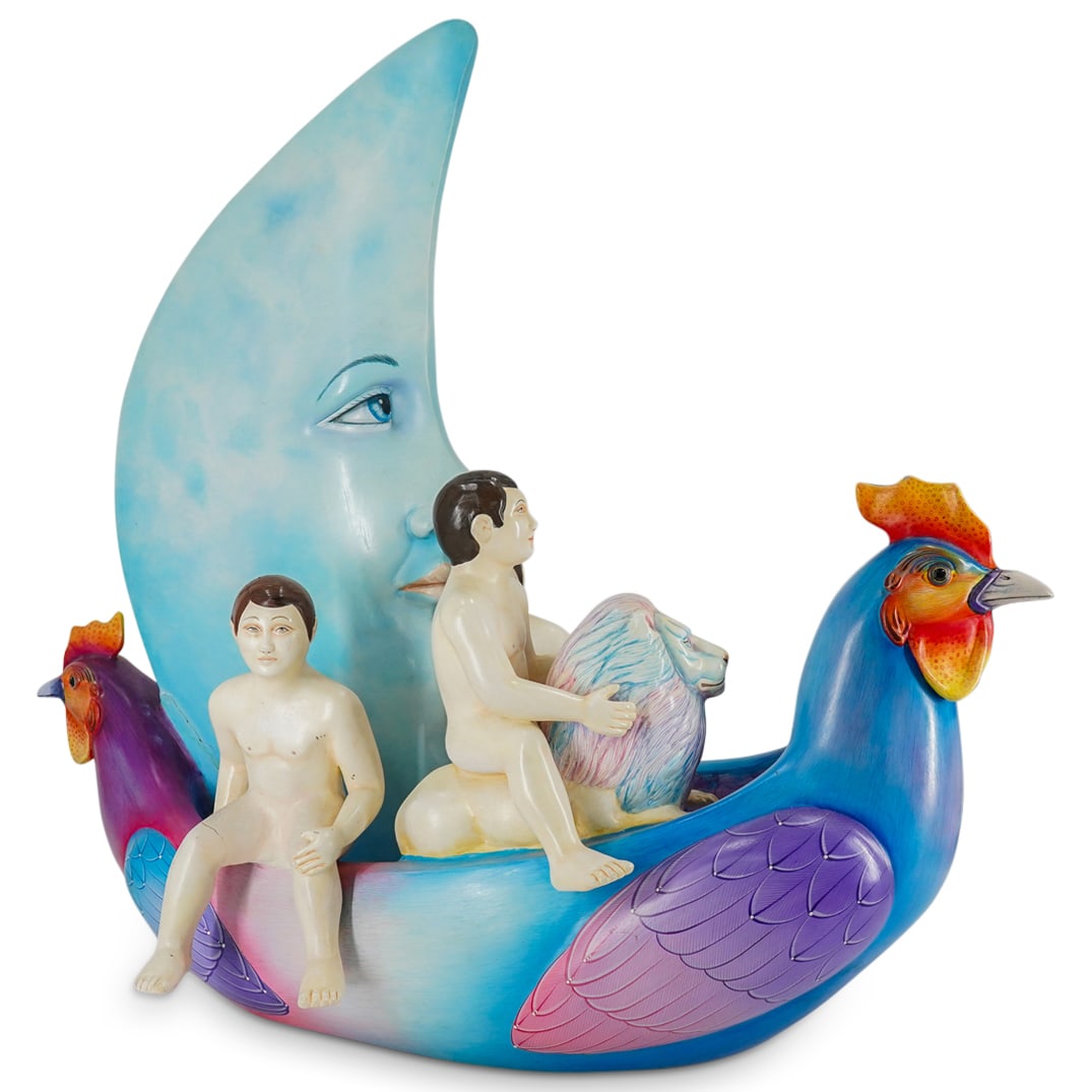 Sergio Bustamante (Mexican, B. 1949) Paper Mache Rooster Boat: DESCRIPTION: paper mache statue by Sergio Bustamante depicting three nude men, a lion, and a crescent in a boat crafted as a double headed rooster. Signed on verso and numbered 31 of 50. CIRCA: 20th C
