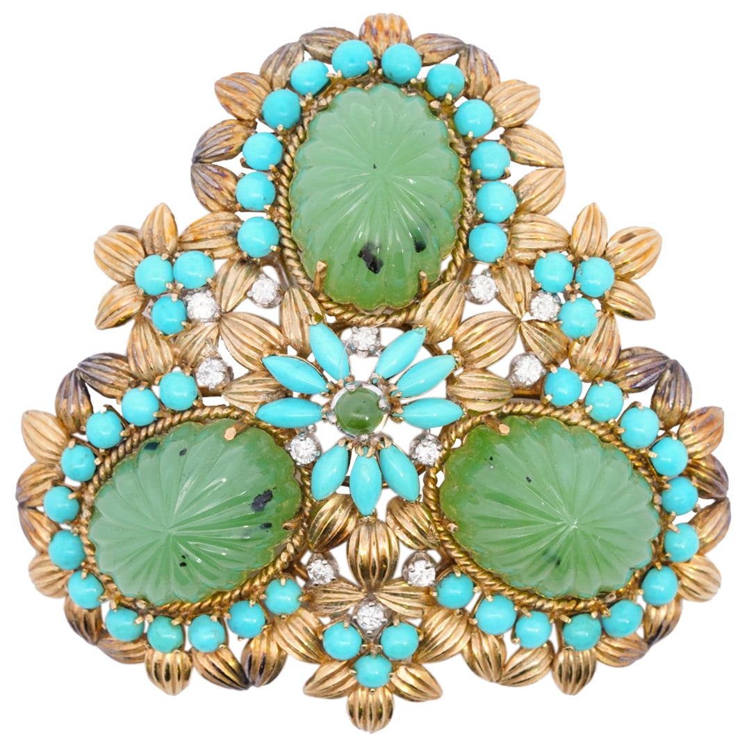Signed Vintage 14k Gold, Jade, Turquoise and Diamond Brooch (1 of 5)