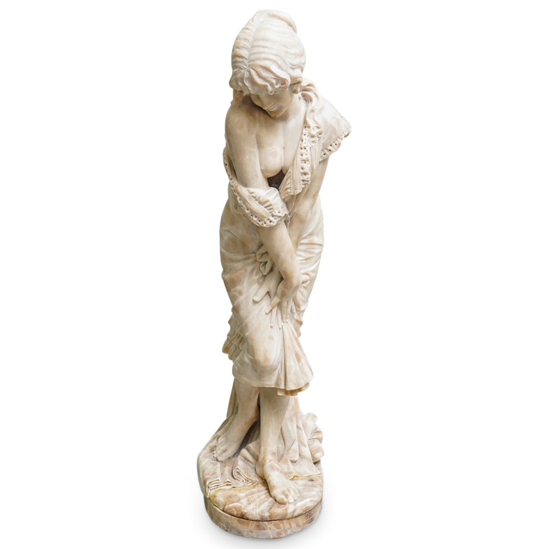 Cesare Lapini (Italian, B. 1848) "Sorpresa" Carved Alabaster Sculpture: DESCRIPTION: Antique carved alabaster figural sculpture by Cesare Lapini (Italian, B. 1848) entitled "Sorpresa". Signed and dated on base. "Sorpresa" at back of base. CIRCA: 1893 ORIGIN: Italian DIMEN