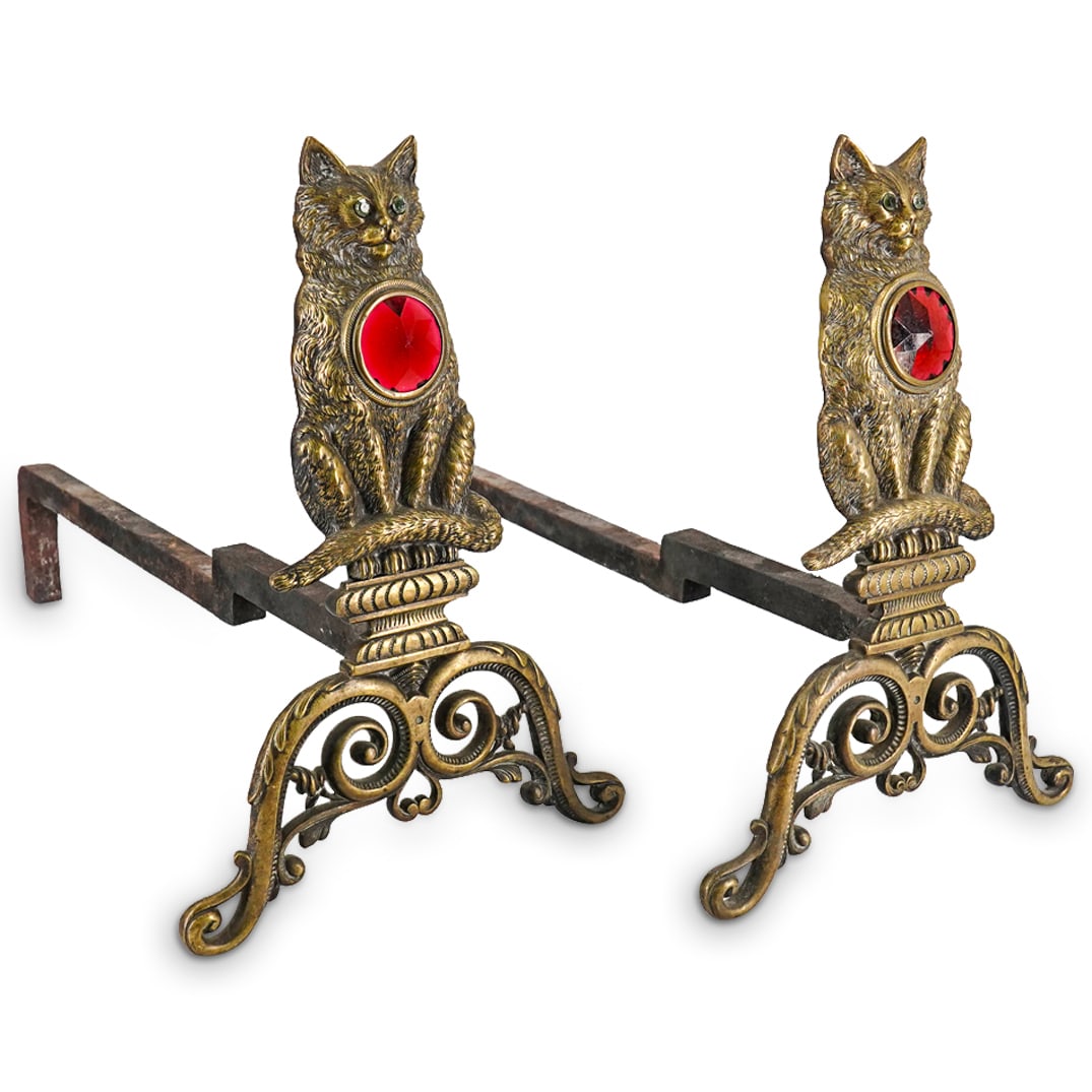 Pair Bronze & Iron Cat Andirons (1 of 15)