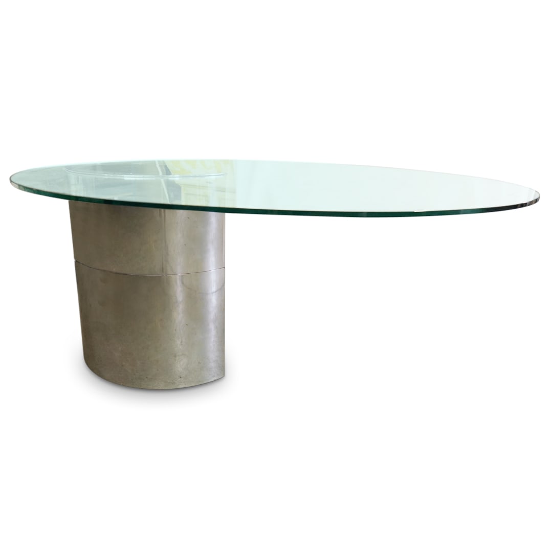 Cini Boeri (B. 1924) Knoll International 'Lunario' Chrome & Glass Cantilevered Table: DESCRIPTION: Cini Boeri (B. 1924) Knoll International 'Lunario' chrome and oval glass, cantilevered table . Acid stamp to glass 'st. glassfer' Plaque at lower base: 'Michigan Senate, 4863' & 'Mich. St