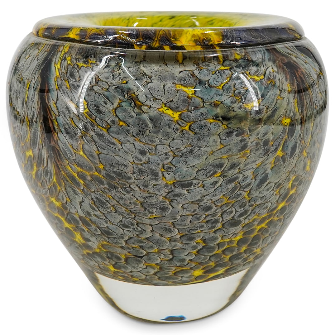 Jean-Claude Novaro (French, 1943–2015) Glass Vase: DESCRIPTION: Glass vase by Jean-Claude Novaro featuring an internal abstract conglomeration of yellow, grey, and black and sporting a shouldered body supporting a neckless, flared lip. Signed and date