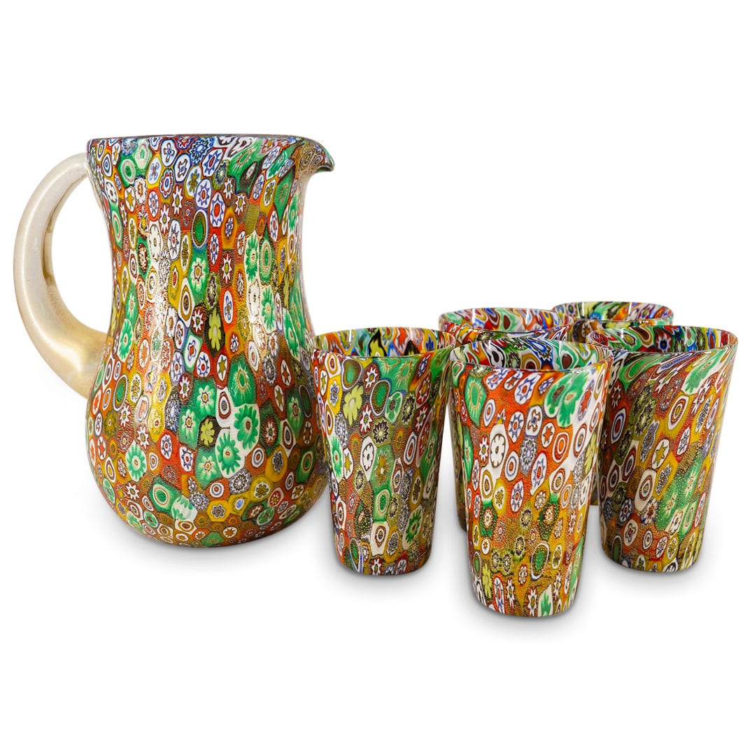 (6 Pc) Murano Glass Millefiori Pitcher And Cup Set (1 of 13)