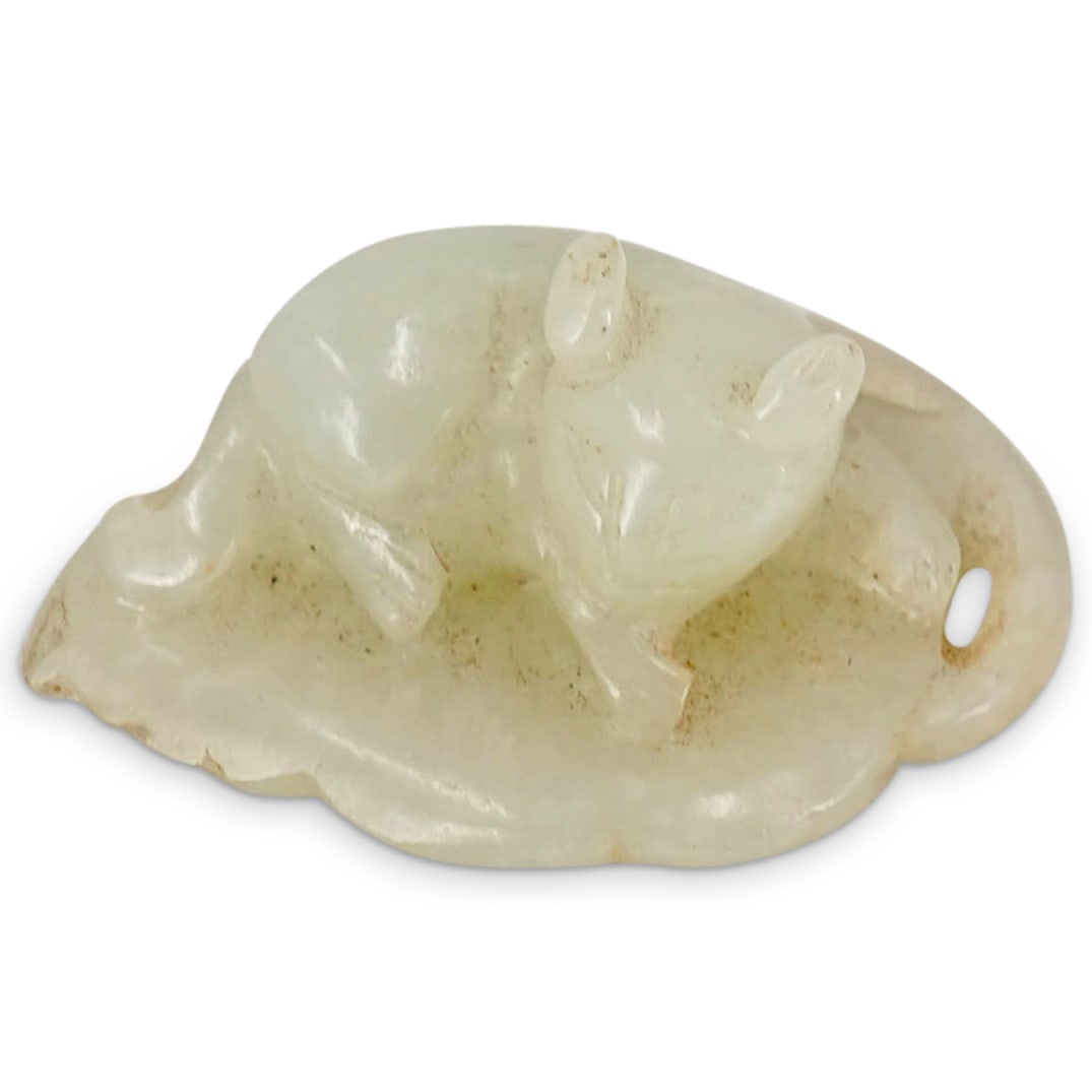 Antique Chinese Finely Carved Hetian Jade Cat On Leaf Toggle (1 of 9)