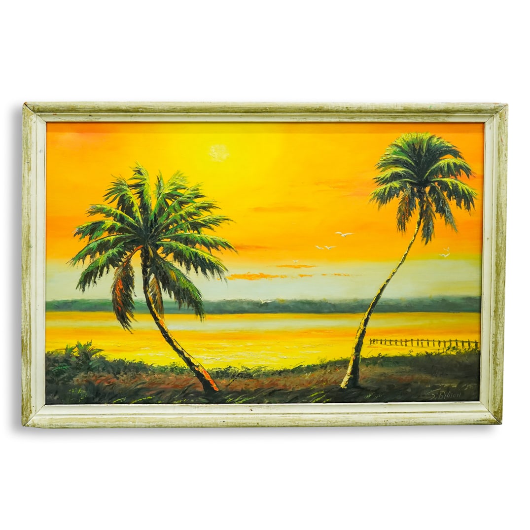 James Gibson (1938-2017) Highwaymen Oil on Panel Painting: DESCRIPTION: James Gibson (1938-2017) Highwaymen oil on panel painting depicting a traditional Florida landscape scene with vibrant sunset and palm tree details. Signed: (Lower Right) mounted in frame