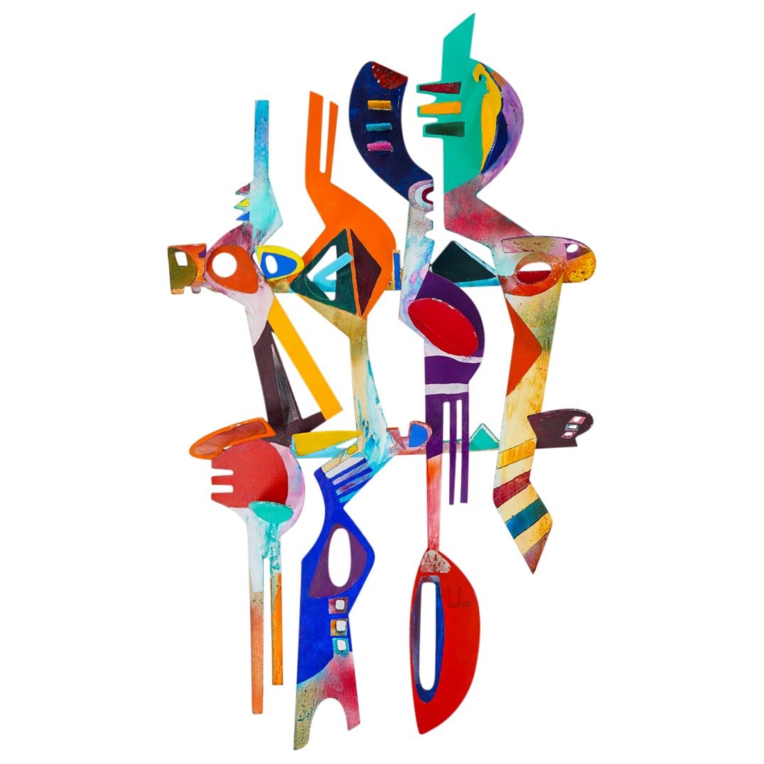 Gregory Hawthorne (American, B. XX) Modern Abstract Mixed Media: DESCRIPTION: Modern mixed media wall sculpture by Gregory Hawthorne depicting abstract forms and shapes in three dimensions and multiple colors. Signed at lower right. CIRCA: 20th to early 21st Centur