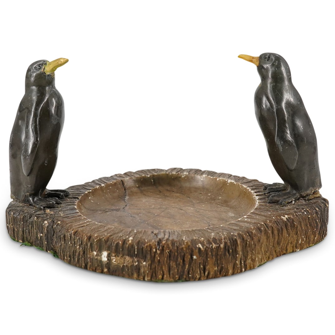 Large Carved Stone Ashtray W/ Bronze Penguins (1 of 14)