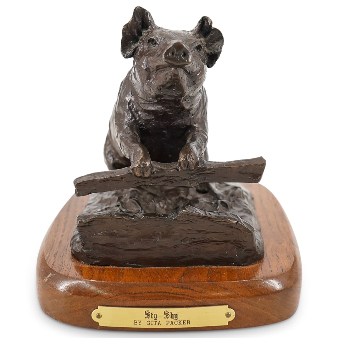 Gita Packer Bronze "Sty Shy" Pig Figurine Sculpture: DESCRIPTION: Gita Packer "Sty Shy" Pig cast bronze sculpture on wooden base. Signed and numbered to base, "GP 1/35". CIRCA: 20th Century ORIGIN: USA DIMENSIONS: H: 6" W: 6 1/4" D: 5 1/2" CONDITION: Go