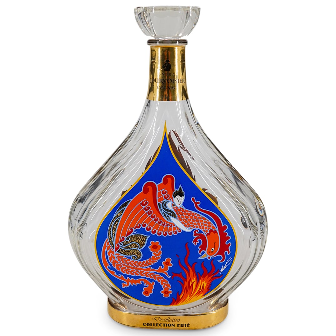 Courvoisier Erte Collection "Distillation" No. 3 Cognac Bottle: DESCRIPTION: Empty Courvoisier "Distillation" No. 3 cognac bottle from the "Collection Erte" depicting a woman riding a phoenix. On foot at reverse: "No B 1030". CIRCA: 1990 ORIGIN: French DIMENSIONS: