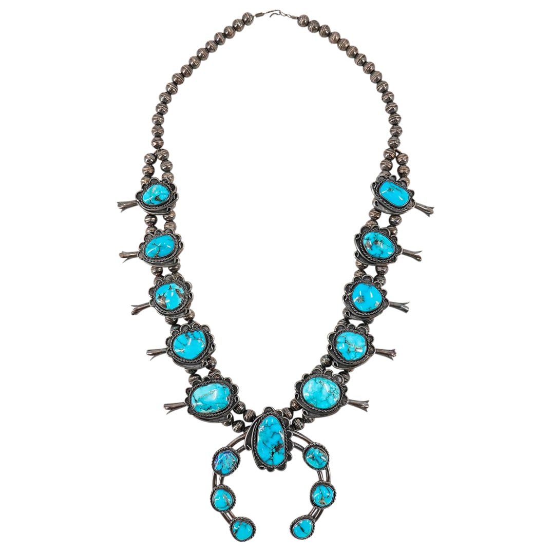 Large Navajo Sterling Silver And Turquoise Inset Squash Blossom Necklace (1 of 7)