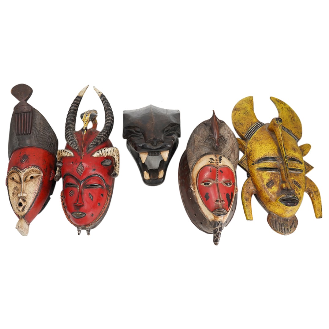 (5 Pc) African Igbo And Panther Carved Wood Masks (1 of 20)