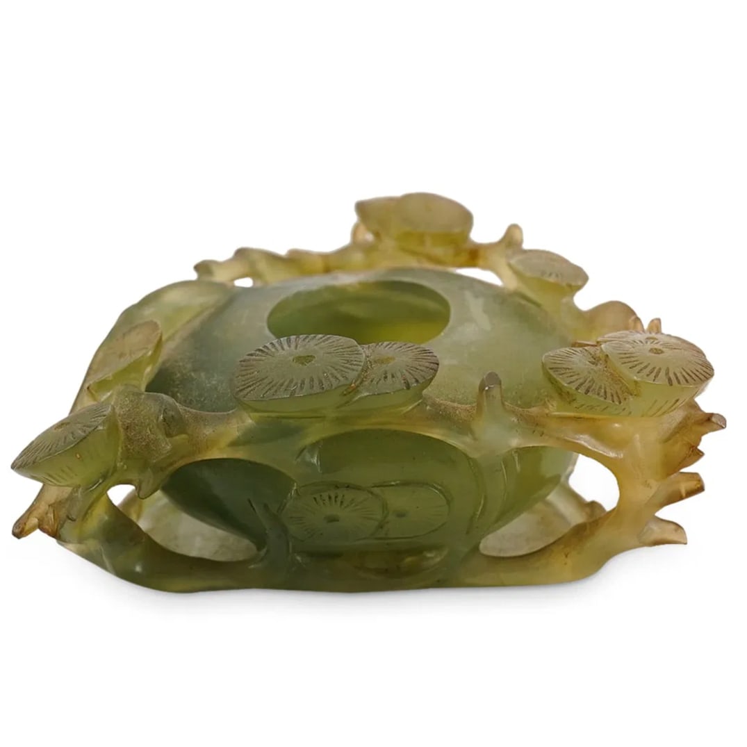 Antique Chinese Carved Hardstone Inkwell: DESCRIPTION: Antique carved hard stone inkwell crafted as a rotund container surrounded by a vaguely triangular border of pierced foliage. CIRCA: 19th Century ORIGIN: China DIMENSIONS: H: 1.75" W: 4" 