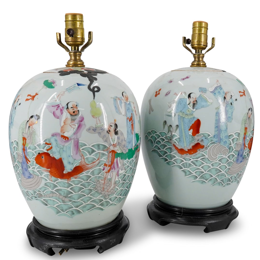 Pair Chinese Famille Rose Porcelain Ginger Jar Lamps (1 of 20)