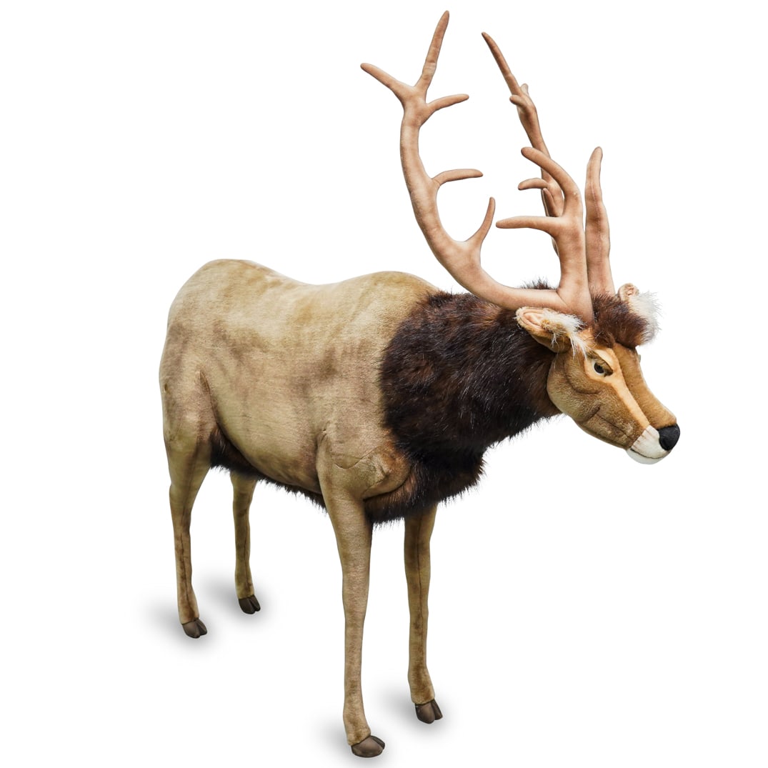 Life Size Hansa Creation Portraits Of Nature Deer Plush: DESCRIPTION: Life size realistic deer plush animal by Hansa Creation featuring realistic textile exterior and adjustable antlers. CIRCA: 21st Century ORIGIN: The Philippines DIMENSIONS: H: 52" W: 18" 