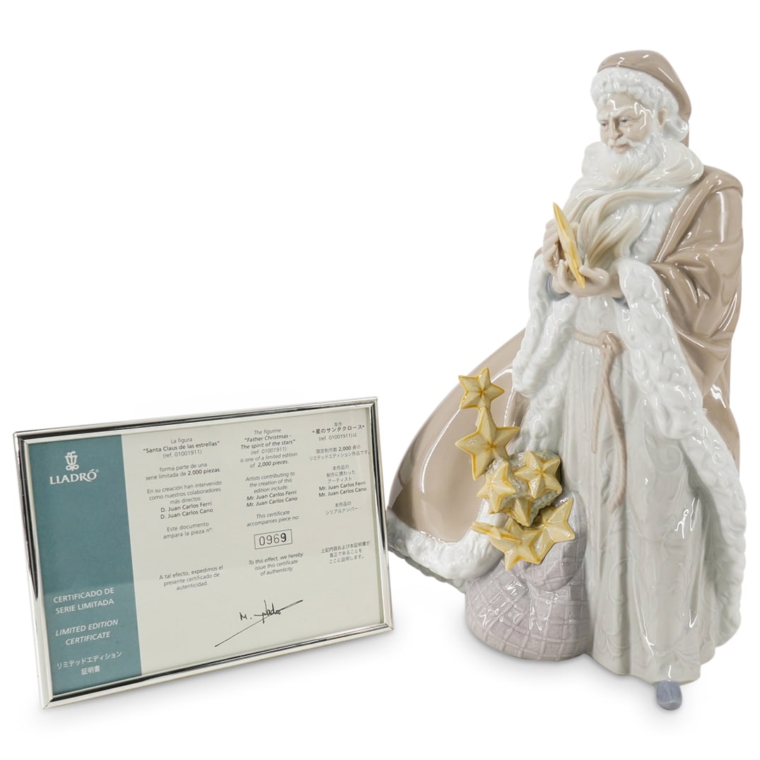 Lladro Limited Edition "Father Christmas" Porcelain Figurine: DESCRIPTION: Lladro porcelain limited edition figurine titled "Father Christmas". By Juan Carlos Ferri, and Juan Carlos Cano. Numbered 0969 from a total of 2,000 pieces. Includes COA, and original Lla
