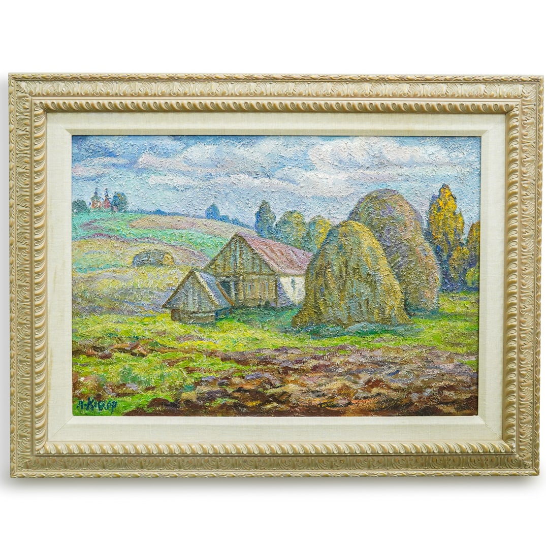 M.L. Kesler "Country Landscape" Oil On Canvas: DESCRIPTION: Oil on canvas painting entitled "Country Landscape" by M.L. Kesler depicting an impressionist rural landscape sporting a villa. Signed at lower left and signed and titled in Cyrillic scri
