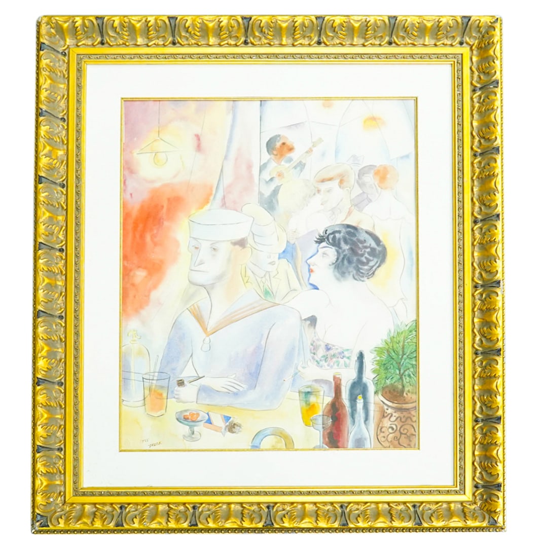 George Grosz Style Watercolor On Paper: DESCRIPTION: Watercolor on Strathmore paper painting in the style of George Grosz depicting a nightclub scene. Spurious signature and date at lower left. Blind stamped at lower left. CIRCA: Unknown OR