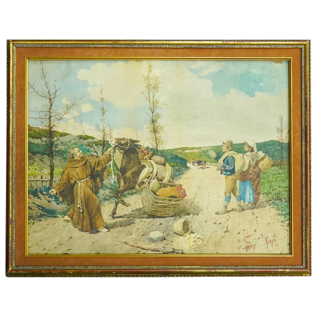 Filippo Indoni (Italian, c. 1842-1908) Watercolor On Paper: DESCRIPTION: Antique watercolor on paper painting by Filippo Indoni (Italian, c. 1842-1908) depicting a friar trying to control a donkey as two peasants look on. Signed at lower right. Inscribed, date