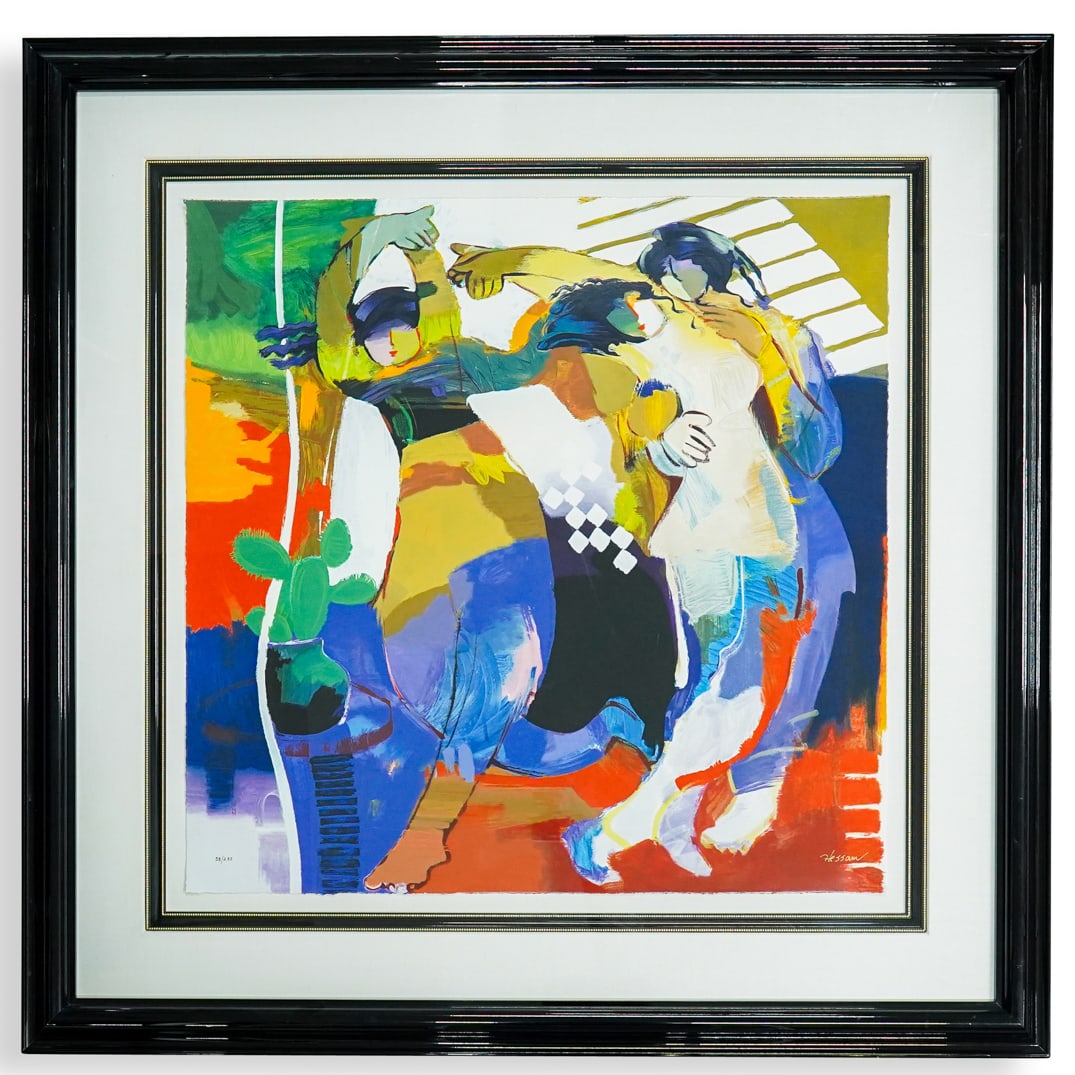 Hessam Abrishami (Iranian, b. 1951) Serigraph On Paper: DESCRIPTION: Limited edition serigraph on paper by Hessam Abrishami (Iranian, b. 1951), possibly entitled "Tulip Dance", depicting three figures. Signed at lower right. Editioned "58/295" at lower lef