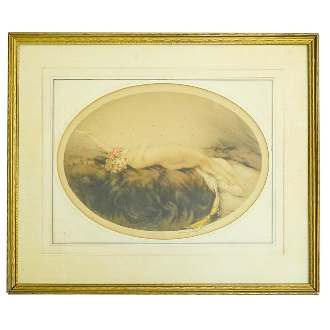 Louis Icart (French, 1888-1950) "Venus" Color Etching: DESCRIPTION: Louis Icart (French, 1888-1950) "Temptation" Color Etching. Framed. Depicts a resting female nude scene. Louis Icart created his etchings using a combination of techniques, including etch