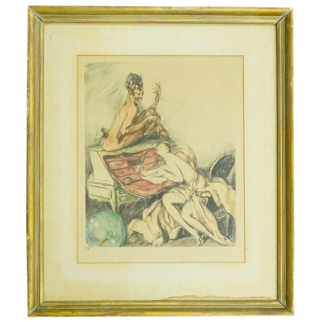 Jean Gabriel Domergue (French, 1889) Etching On Paper: DESCRIPTION: Jean Gabriel Domergue (French, 1889) erotic scene etching on paper. Depicts a sensuous semi nude female figure seated at the desk writing a love letter. Framed. Jean-Gabriel Domergue (4 M