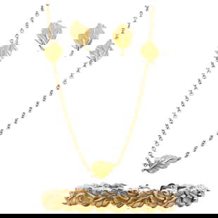 (4 Pc) Tiffany & Co. 18k Gold "Strawberry Leaf" Jewelry Set: DESCRIPTION: A Tiffany & Co. Jewelry set comprised of 18k yellow gold in the strawberry Leaf pattern, features a cuff bracelet, necklace and pair of earrings. Stamped "Tiffany and Co" "750". Total