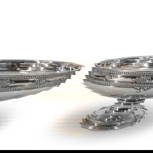 Tiffany & Co. Sterling Silver Centerpiece Bowl: DESCRIPTION: Tiffany & Co. sterling silver centerpiece bowl decorated with relief foliage and bead motifs. Monogrammed within one square cartouche below rim. Marked on underside. Total weight: 2412 g