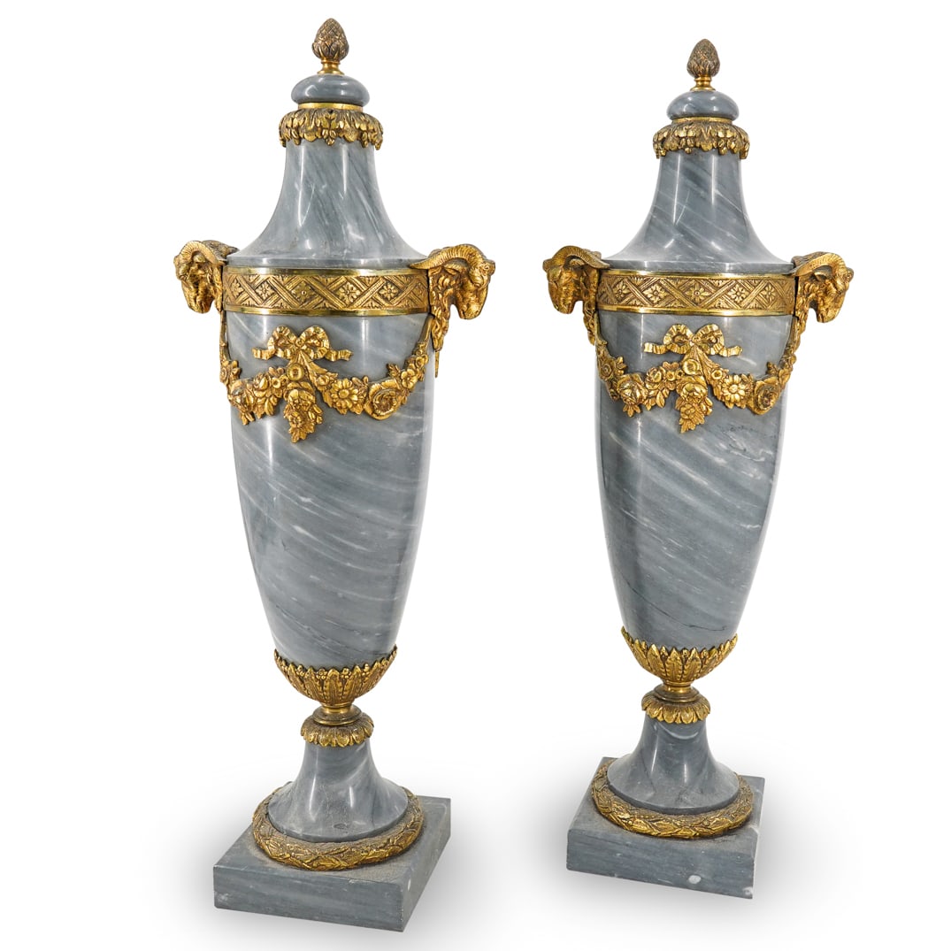 Pair Grey Marble & Gilt Bronze Urns (1 of 11)