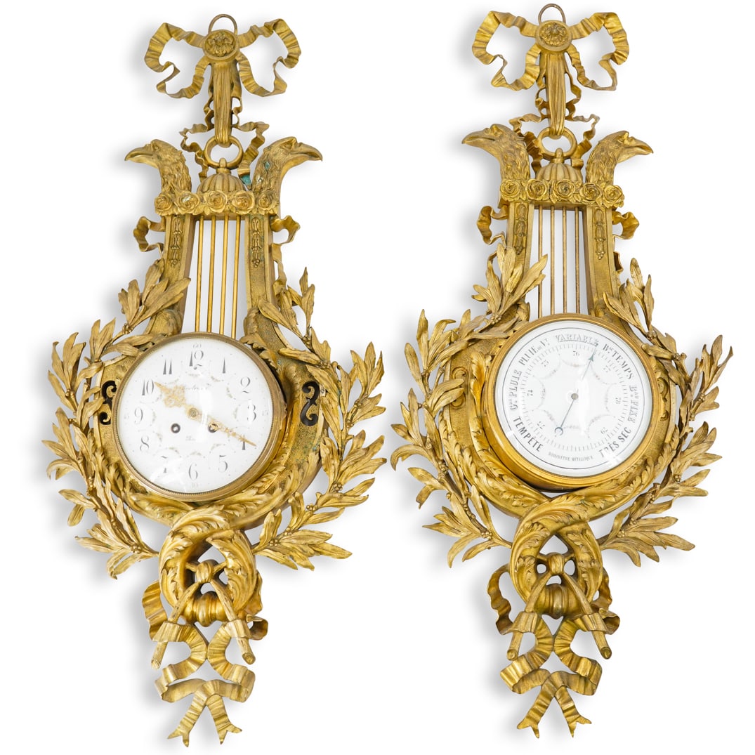 (2 Pc) Antique French Gilt Bronze Barometer And Clock Wall Mounts (1 of 20)