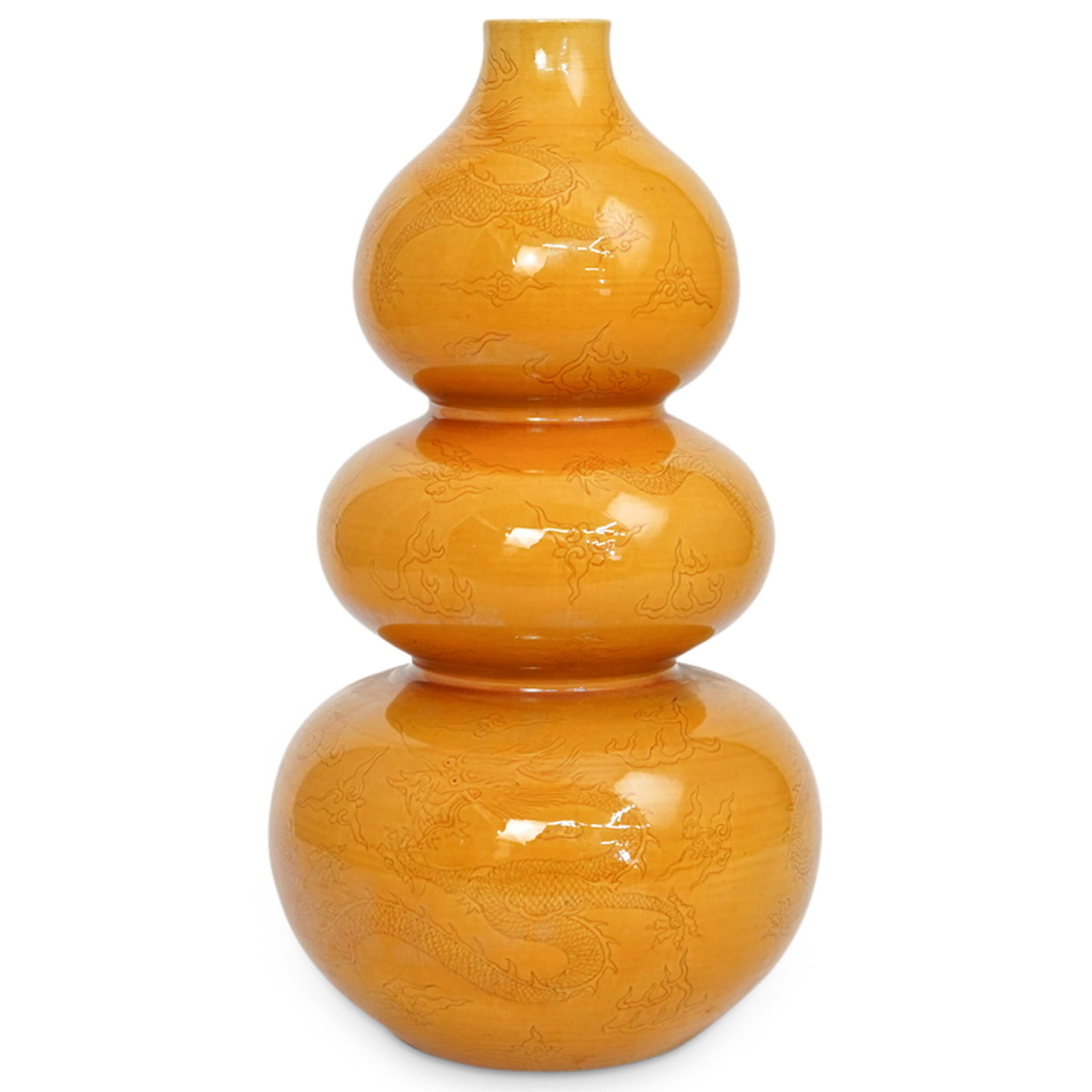 Antique Chinese Triple Gourd Porcelain Vase: DESCRIPTION: A Chinese Qing dynasty triple gourd porcelain vase with engraved dragon designs and yellow glaze. Reign mark underneath. CIRCA: 19th Century or older. ORIGIN: China DIMENSIONS: H: 13" x D
