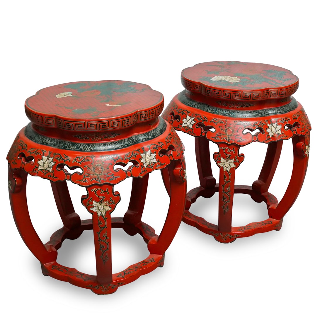 Pair Of Chinese Lacquered Carved Wood Stools (1 of 13)