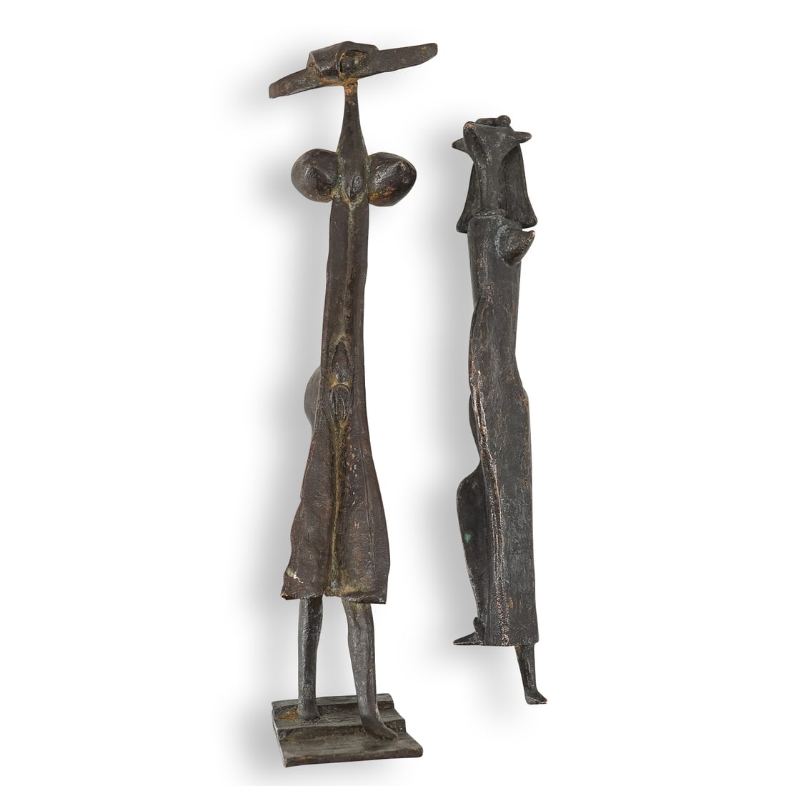 (2 Pc) After Pablo Picasso Abstract Female Bronze Figures: DESCRIPTION: (2 Pc) Pair of patinated bronze sculptures after Pablo Picasso, representing abstracted and elongated nude female figures with exaggerated features. CIRCA: 20th Century ORIGIN: Spain DIME