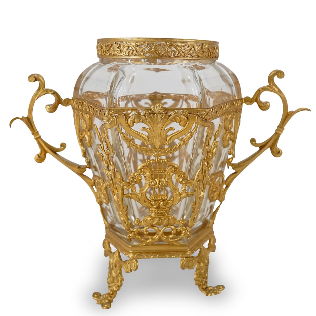 Antique French Gilt Bronze Crystal Footed Handled Urn Vase (1 of 9)
