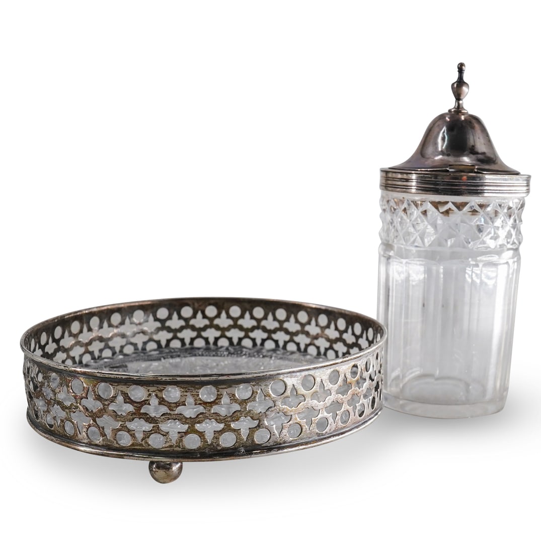 (2 Pc) Antique English Sterling Silver & Glass Sugar Dispenser / Rounded Dish Set (1 of 15)