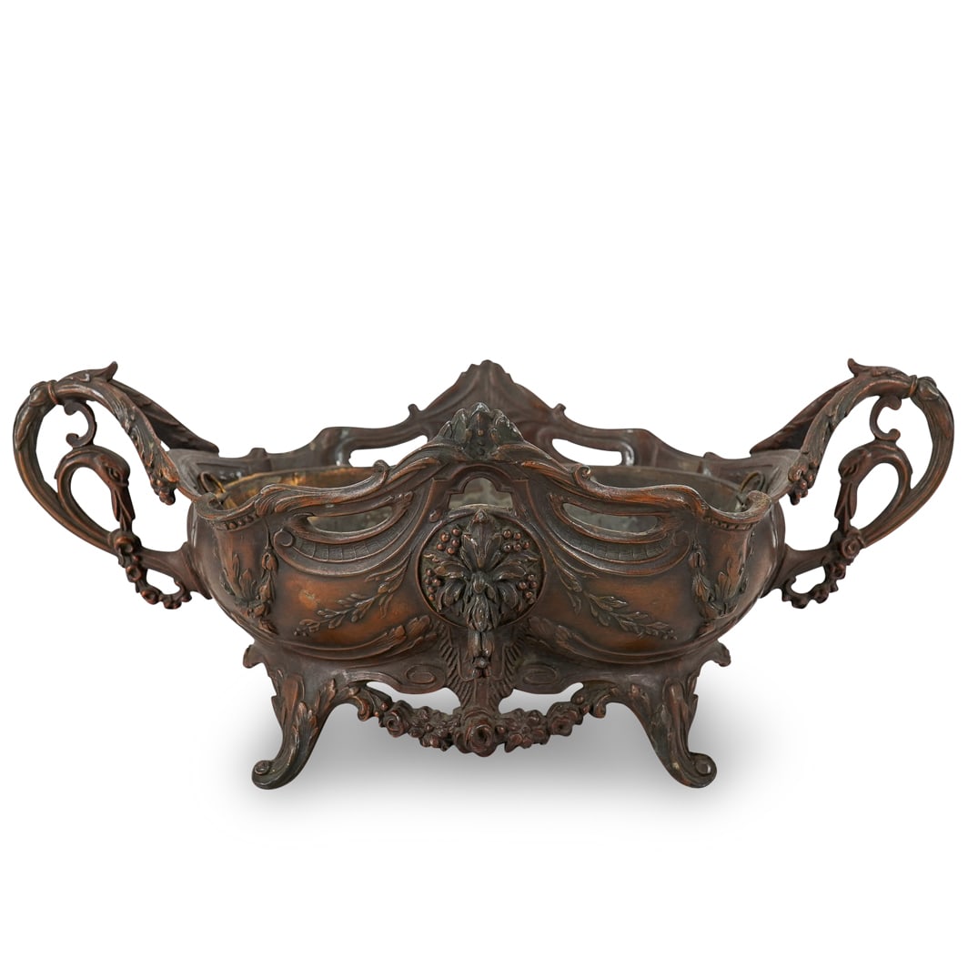 19th Cent. French Calamine Centerpiece Jardiniere: DESCRIPTION: Antique French 19th century calamine centerpiece jardiniere. With removable insert. Marked with French Foundry mark on the underside, and model number 523. CIRCA: Late 19th Century ORIGIN