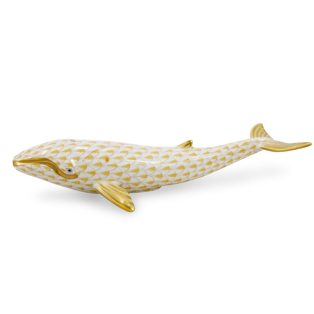 Herend Porcelain "Whale" Butterscotch Fishnet Figurine: DESCRIPTION: Herend porcelain figurine of a "Whale" embellished in a butterscotch hued fishnet pattern. Finished with gilded accents. Style: #15516. Marked along the underside with Herend stamps. CIRC