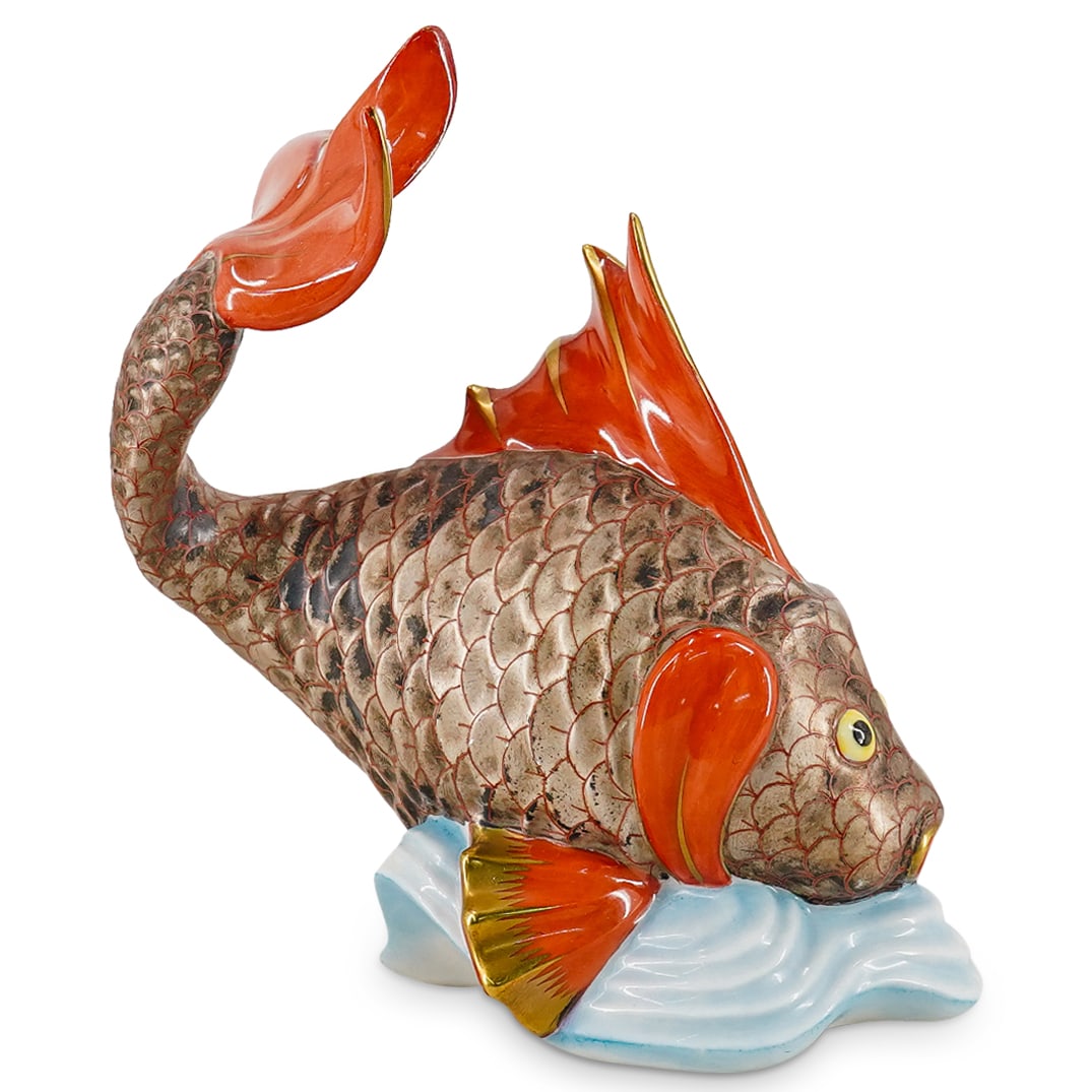 Herend Porcelain "Tropical Koi Fish" Figurine: DESCRIPTION: Herend porcelain figurine depicting a "Tropical Koi Fish" over waves, in Bronze Metallic finish. Marked with Herend hallmarks on the underside. CIRCA: 20th Century ORIGIN: Hungary DIMENSI