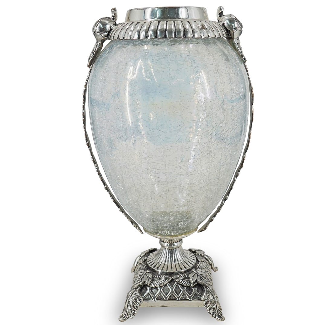 Victorian Silver Plated Craquelure Glass Footed Vase (1 of 11)