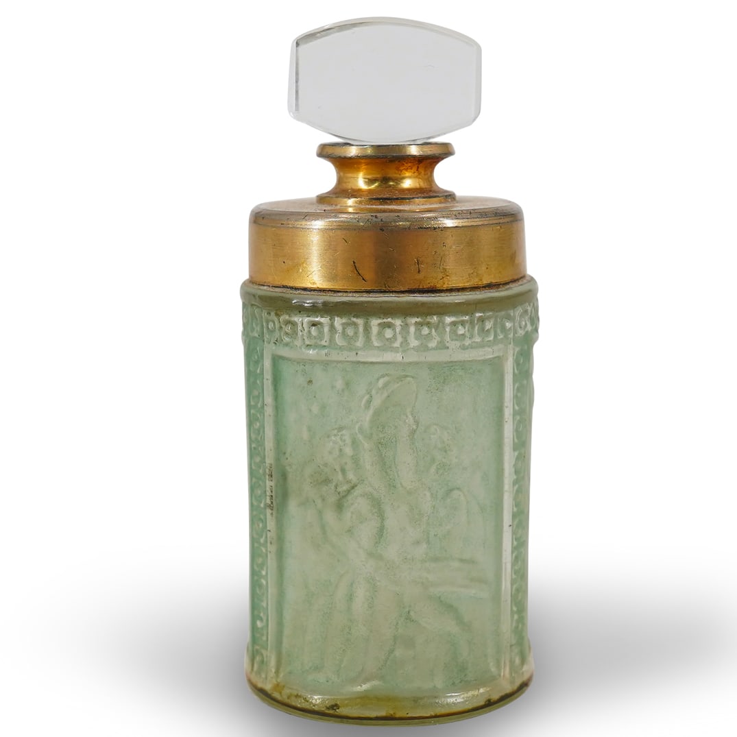 Antique French Glass Perfume Bottle: DESCRIPTION: Antique French Glass Perfume Bottle. Designed with a green hued translucent frosted glass body, depicting figurative putti cherub scenes in semi relief. With gilt metal mount and a small 