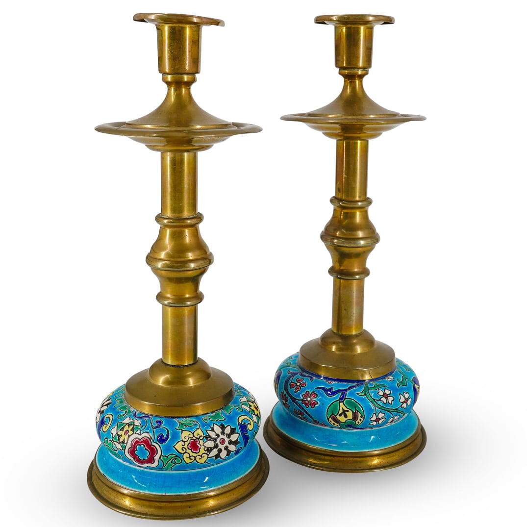 Near Pair Longwy Brass & Ceramic Candlesticks (1 of 8)