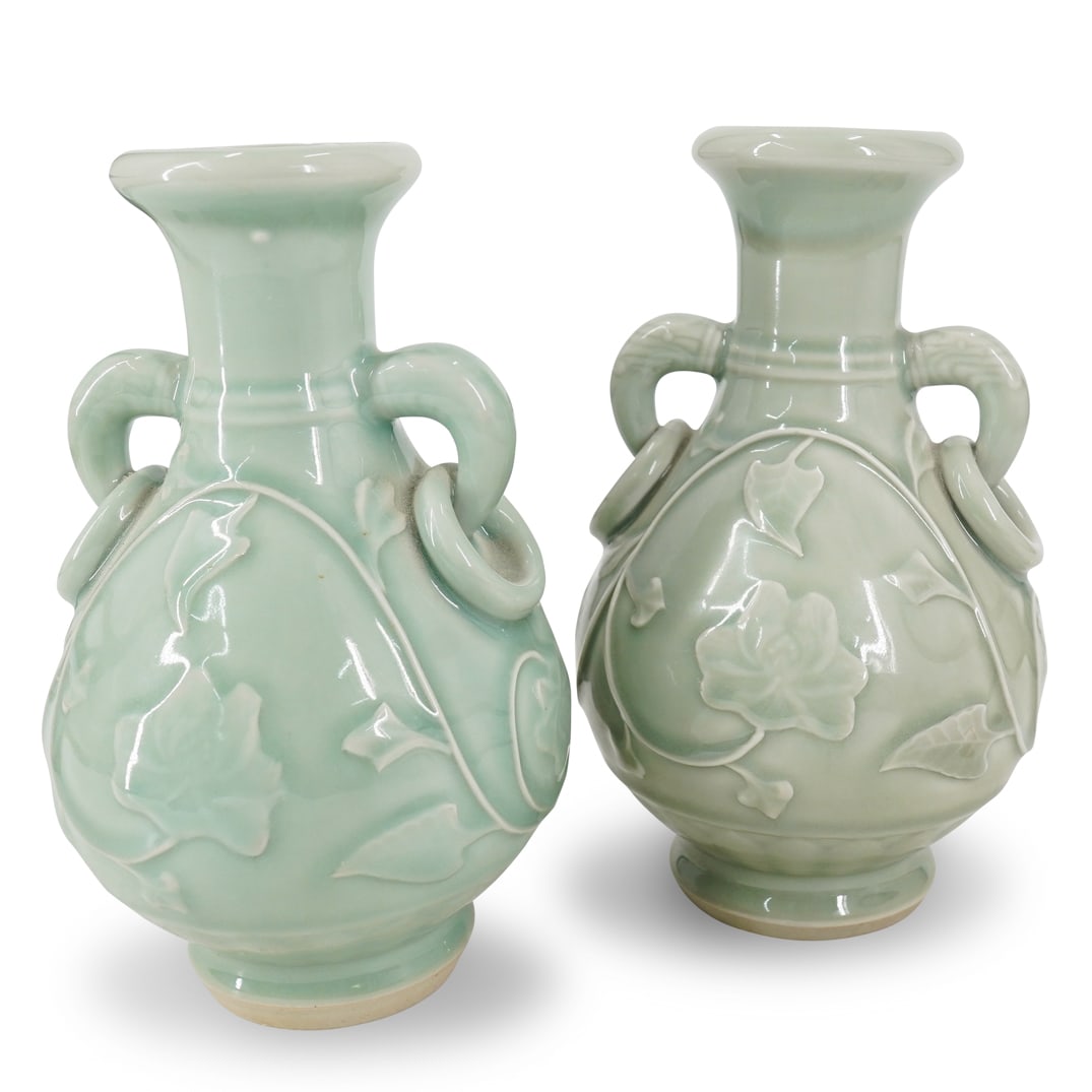 (2 Pc) Chinese Longquan Celadon Glazed Porcelain Vases (1 of 12)