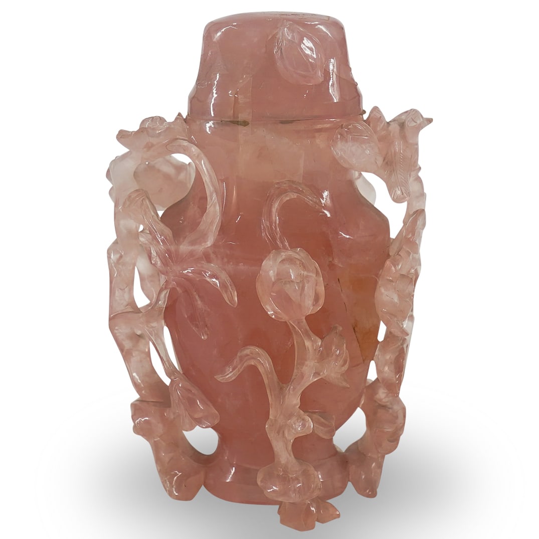 Chinese Carved Rose Quartz Covered Urn (1 of 9)