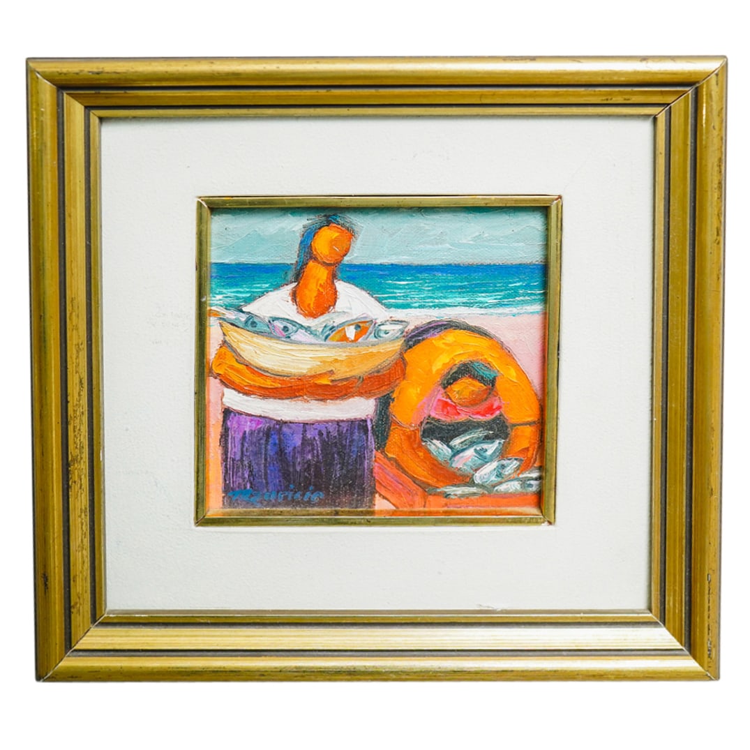 Signed Oil On Masonite Painting: DESCRIPTION: Oil on masonite painting depicting two women standing on the beach and handling fish. Signed "Mauricio" at lower left. CIRCA: 20th century ORIGIN: Probably Latin American DIMENSIONS: (Sig